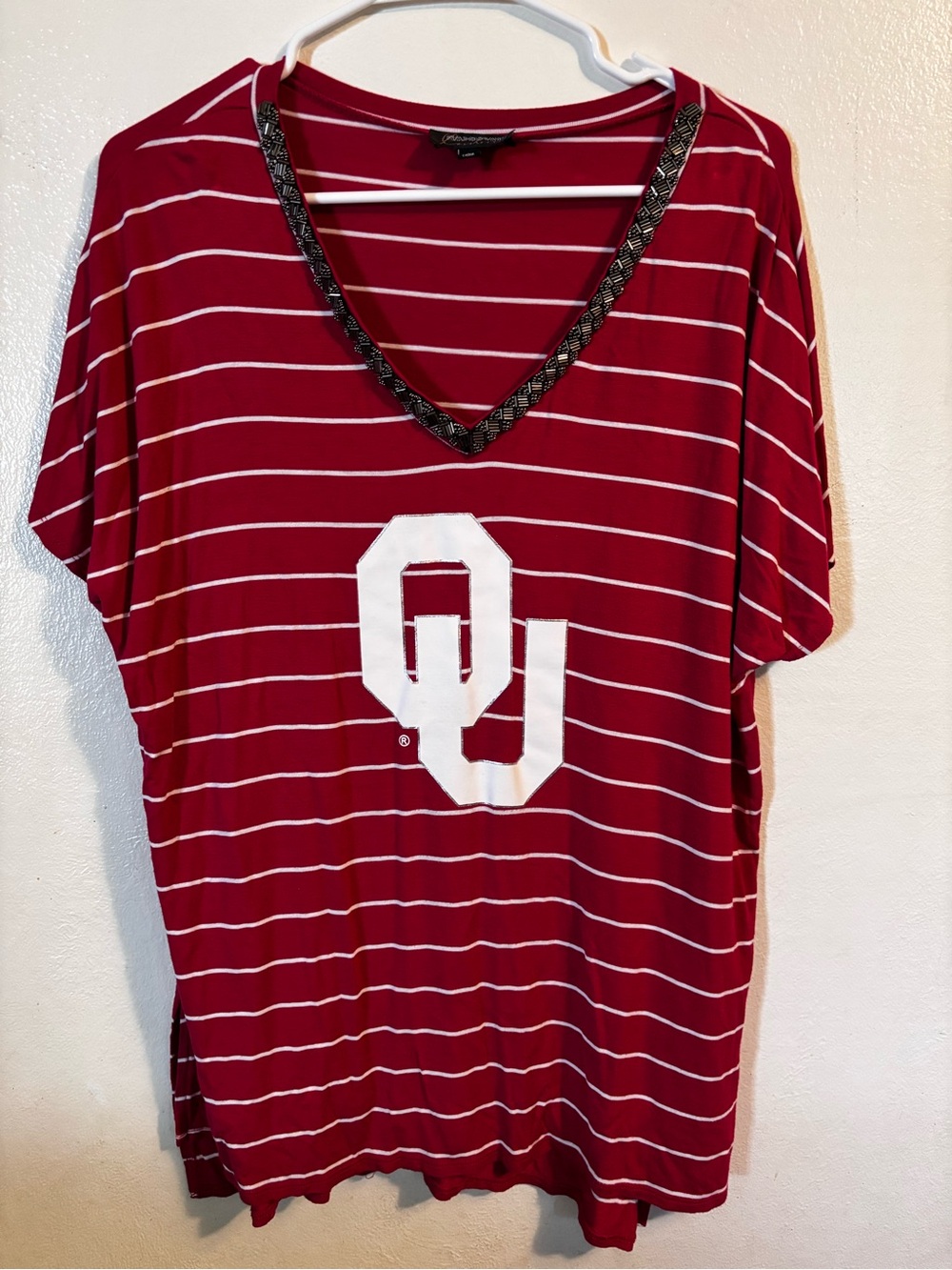 OU Crimson Striped V-Neck Women's Tee